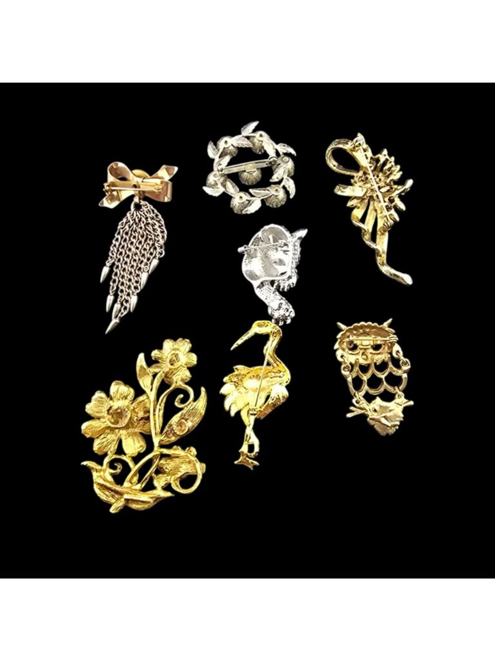 Vintage Gold & Rhinestone Animal & Floral Brooch Set - Owl Flamingo Flowers READ - Picture 3 of 16